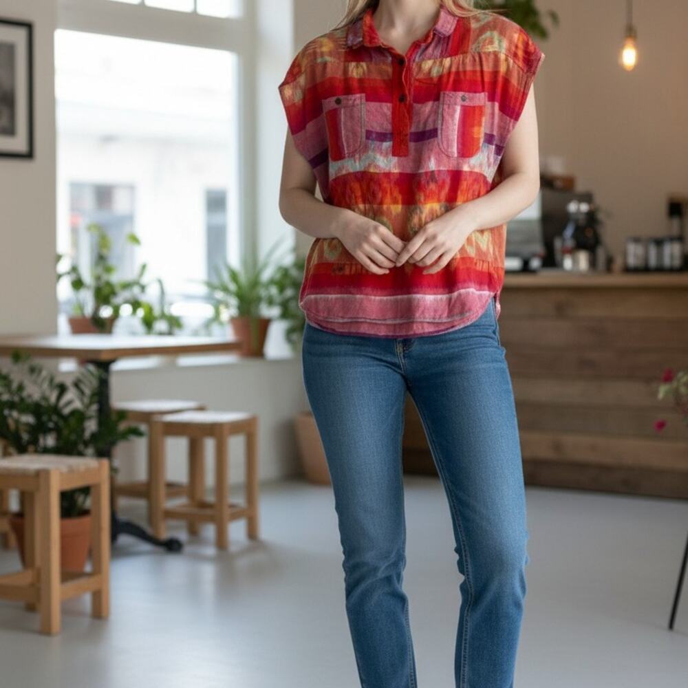 Hand Woven Women's Boho Ikat Print Short Sleeve Shirt Blouse Pink Red Multi Sm